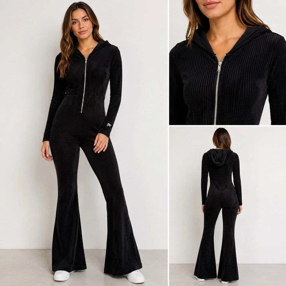 Fabletics Plush Rib Hooded Jumpsuit XL Black Flare Leg Zip Front Lounge Romper